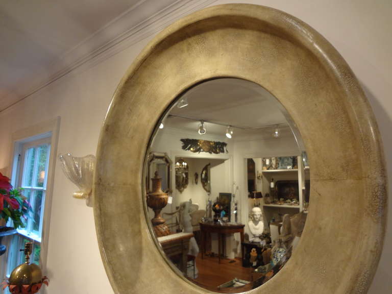Karl Springer Style Round Goatskin Beveled Mirror 1