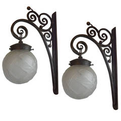 Used French Art Deco Edgar Brandt Inspired Wrought Iron And Glass Lantern Sconces
