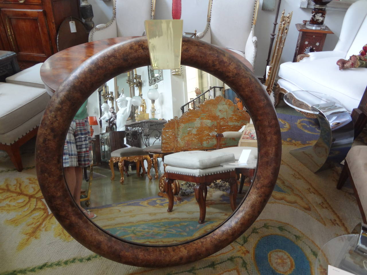 Mid-Century Modern Karl Springer Style Faux Tortoise Shell Mirror with Brass Keystone For Sale