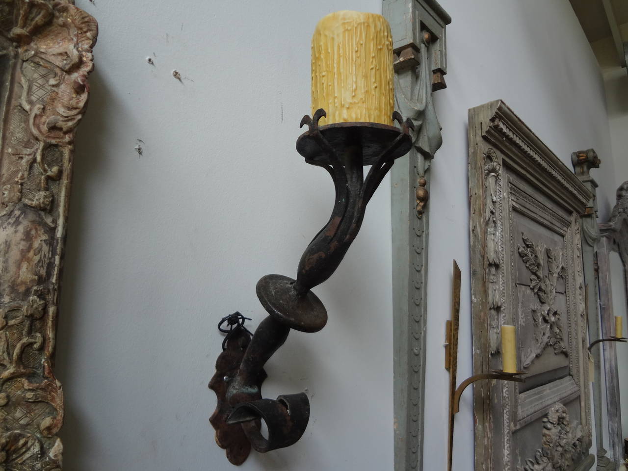 Pair of Antique French Wrought Iron Torch Sconces 2