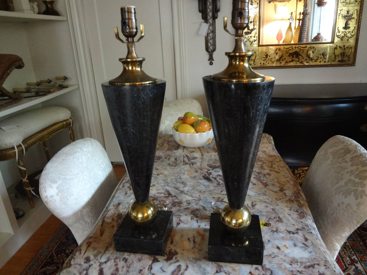 Pair of Mid-Century Modern Tessellated Stone and Brass Lamps 3