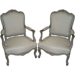 Pair of 19th C French Louis XV Style Painted W/Gilt Arm Chairs (Saturday Sale)