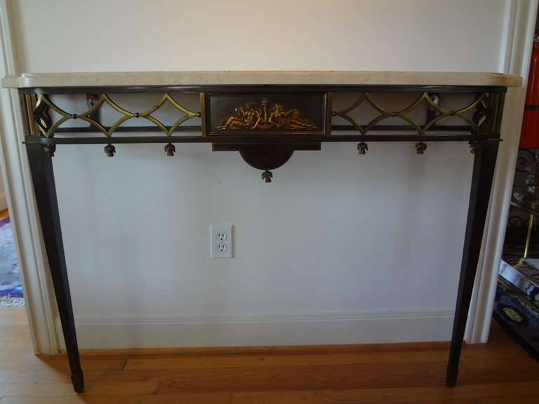 Ultra Chic French 40's Neoclassical Patinated Bronze Console Table With Marble Top (Perfect Depth For Hard To Fit Spaces)