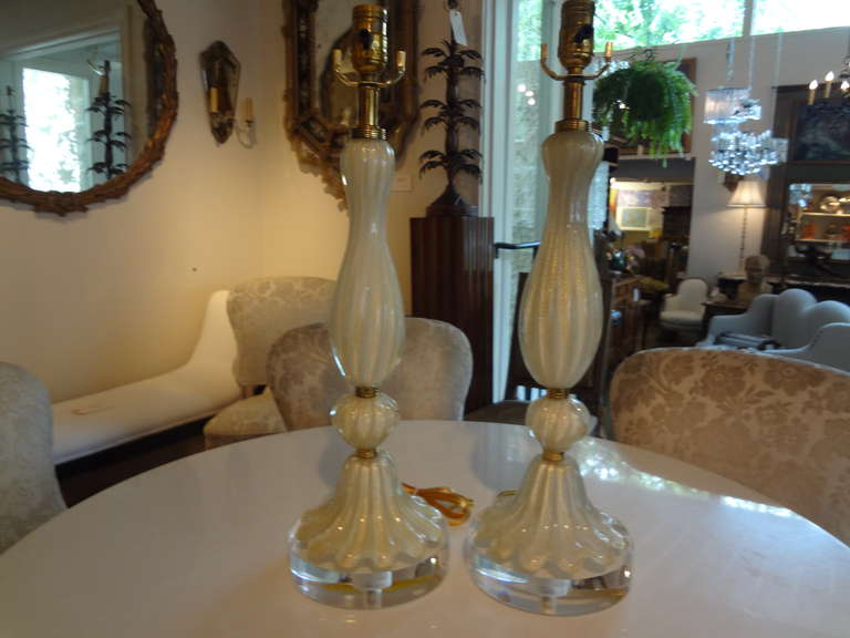 Lovely Pair Of White/Gold Murano Glass Lamps  Mounted On Lucite Bases and Newly Wired For U.S. Market