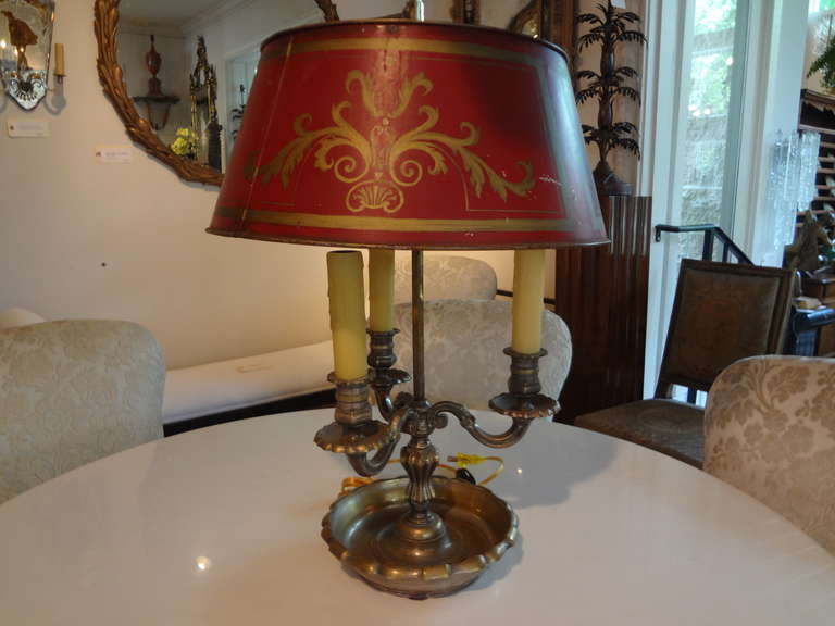 French Louis XVI style bronze three-light bouillotte lamp with red tole shade, newly wired for U.S. market (shade-14.5