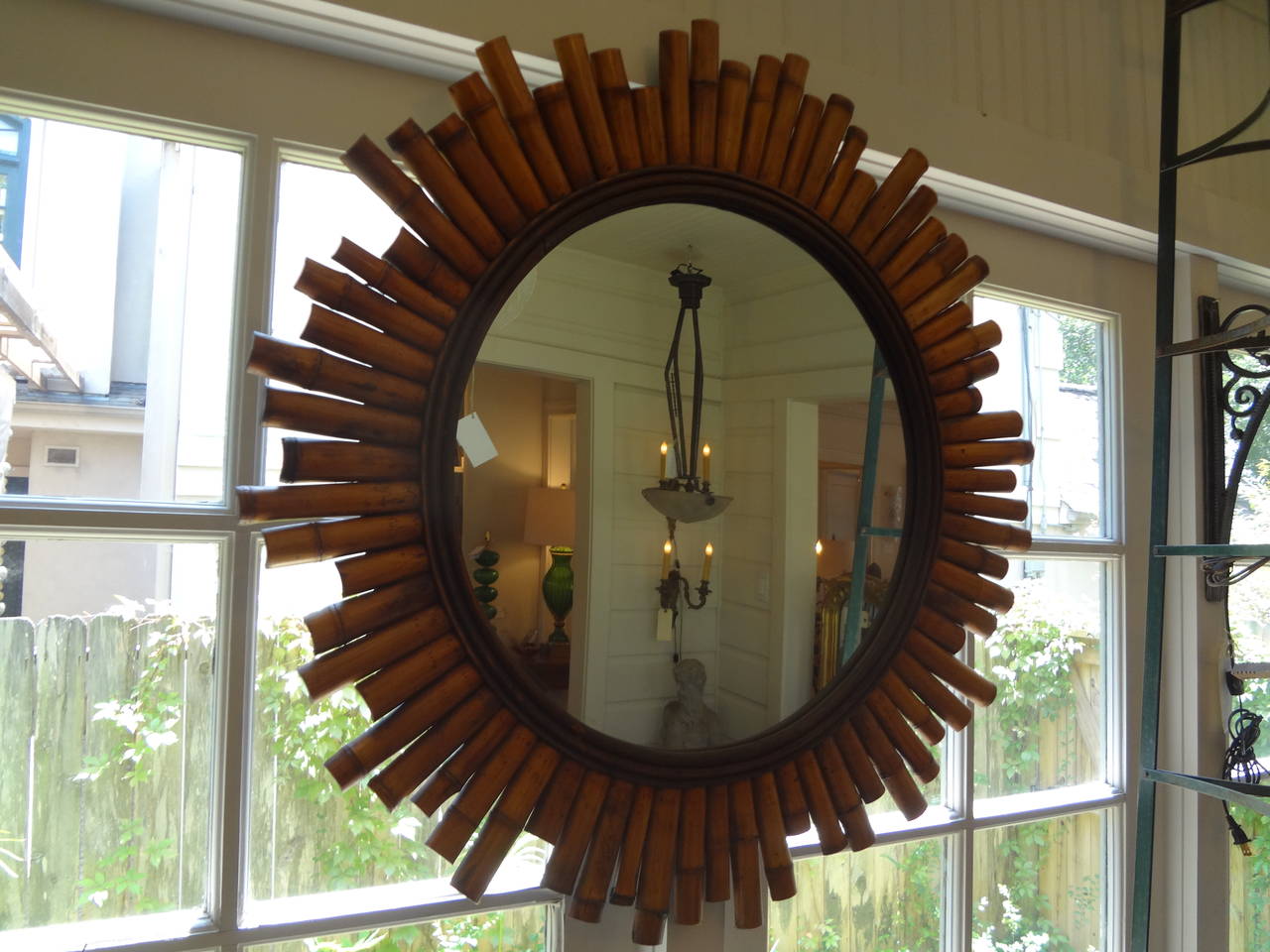 Handcrafted French Mid-Century Modern split bamboo sunburst mirror-34.5 inch Diameter.

 

 