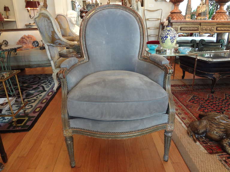 Lovely French Louis XVI style bergere with great patina upholstered in suede from the 19th century