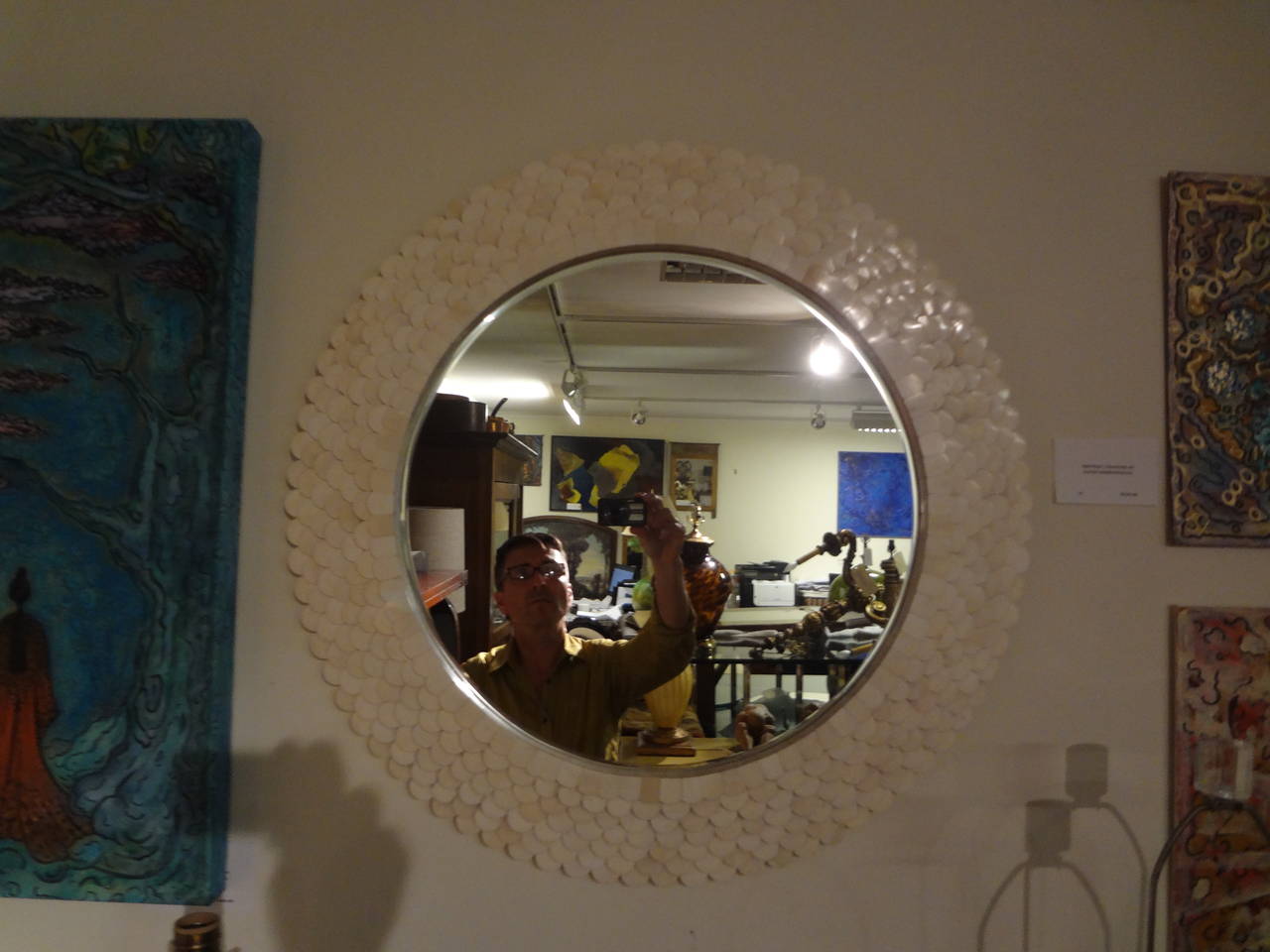 Round Sunburst Beveled Mirror of Layered Tessellated Bone Inspired by Karl Springer or Enrique Garcel.