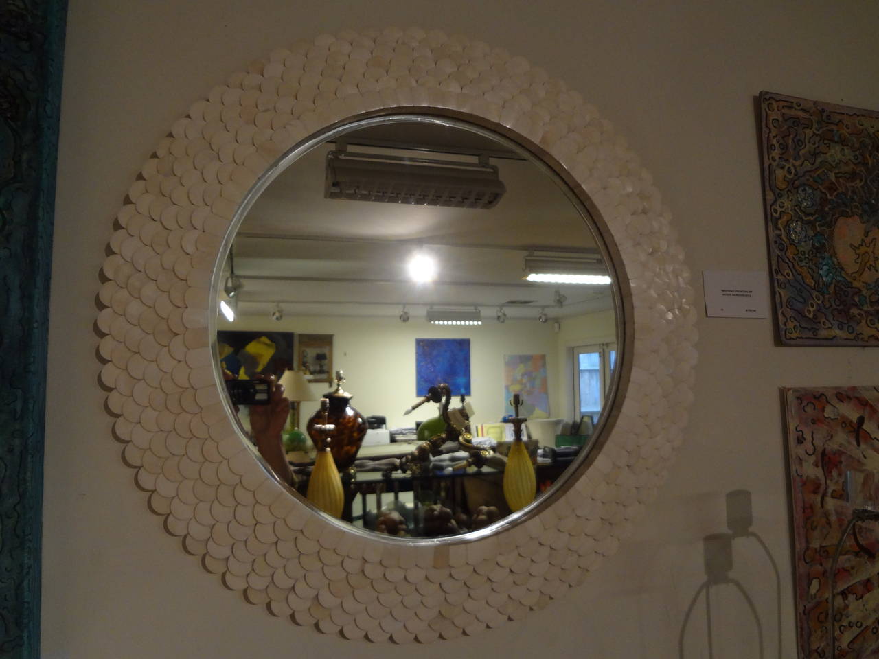 Hollywood Regency Circular Tessellated Bone Beveled Mirror