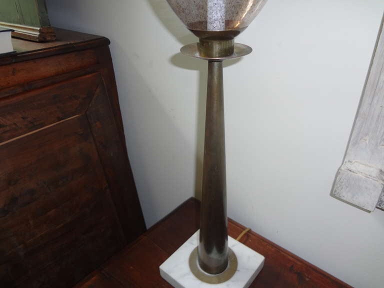 Parzinger Style Brass, Glass and Marble Greek Key Table Lamp In Good Condition For Sale In Houston, TX