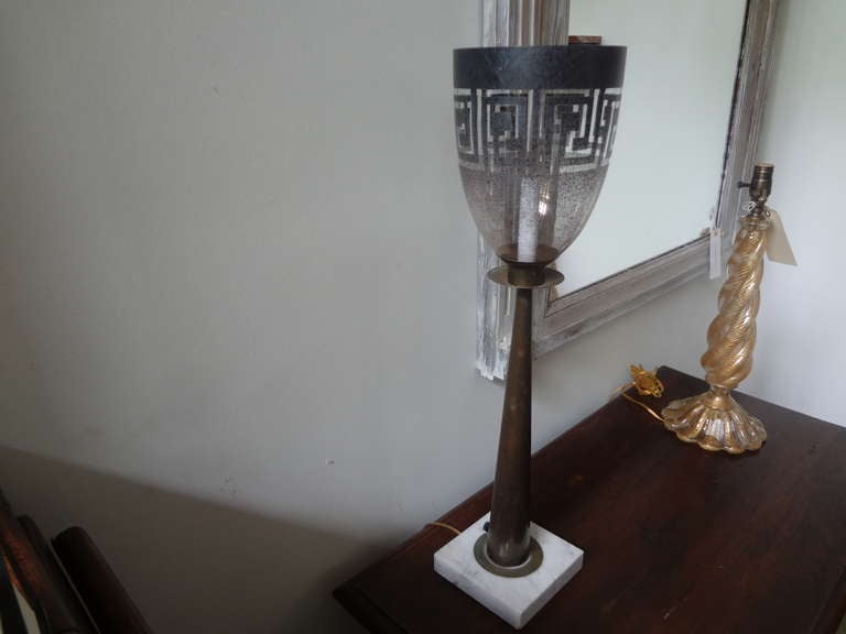 Mid-20th Century Parzinger Style Brass, Glass and Marble Greek Key Table Lamp For Sale