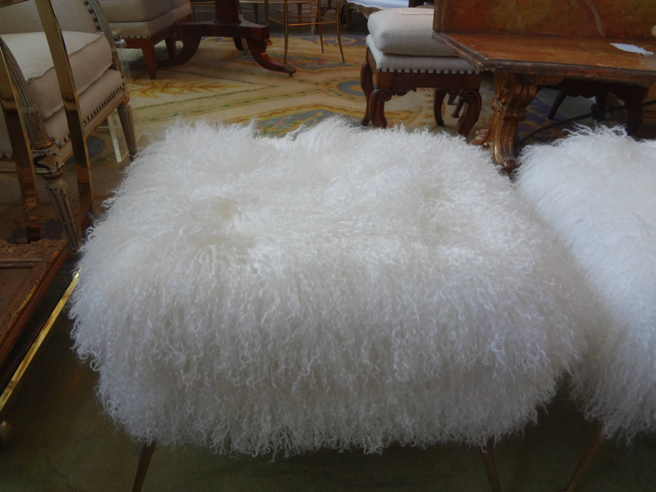 Pair of Italian Modern Brass Marco Zanuso Style Ottomans In Good Condition In Houston, TX