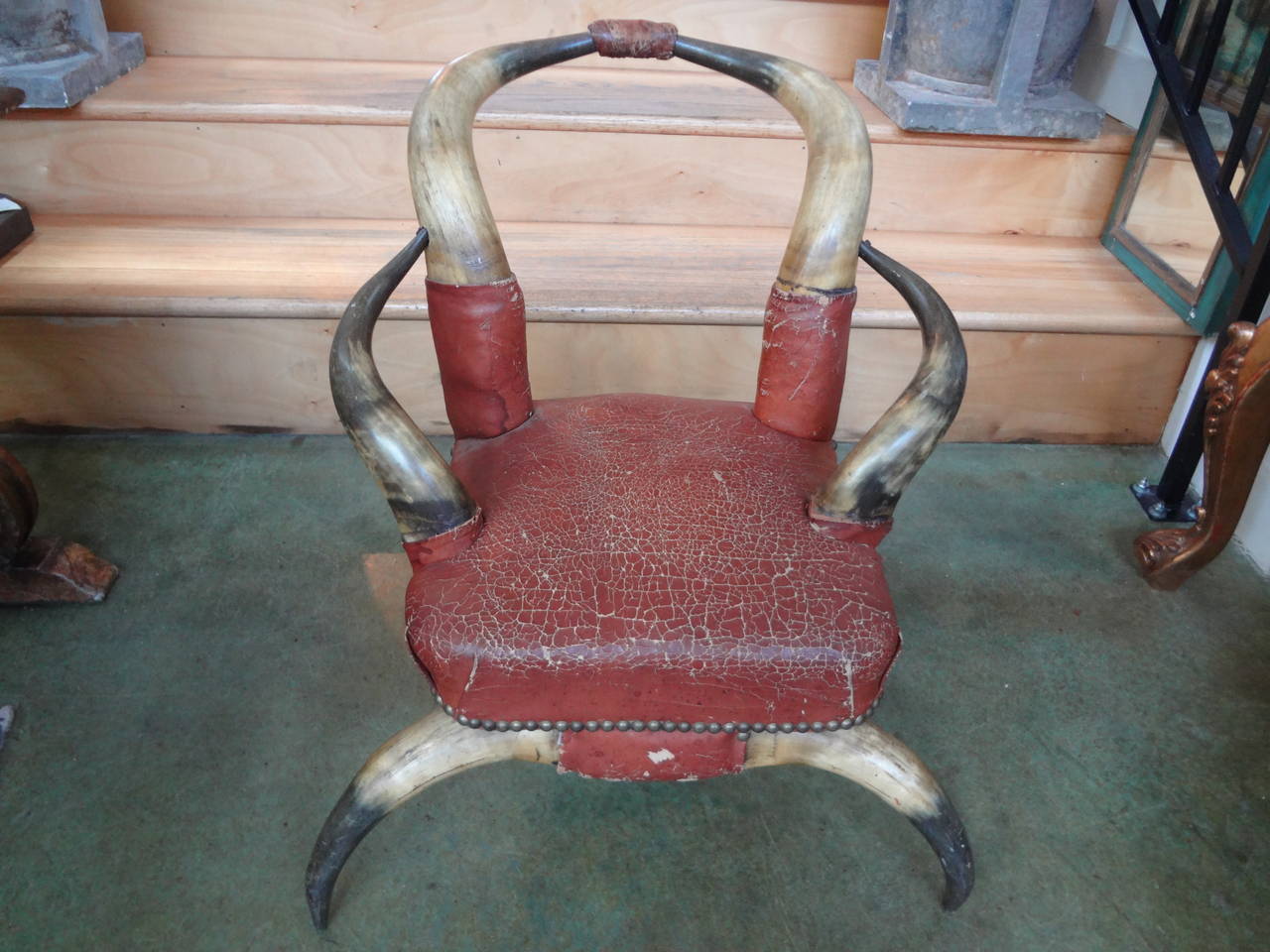 Antique Children's Horn Chair Upholstered in Leather For Sale 2