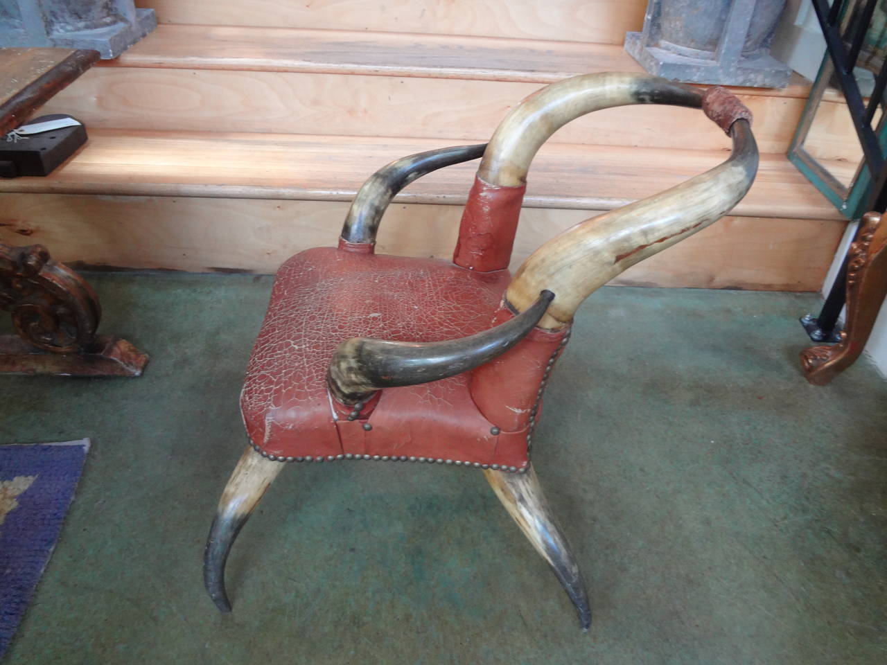 American Antique Children's Horn Chair Upholstered in Leather For Sale