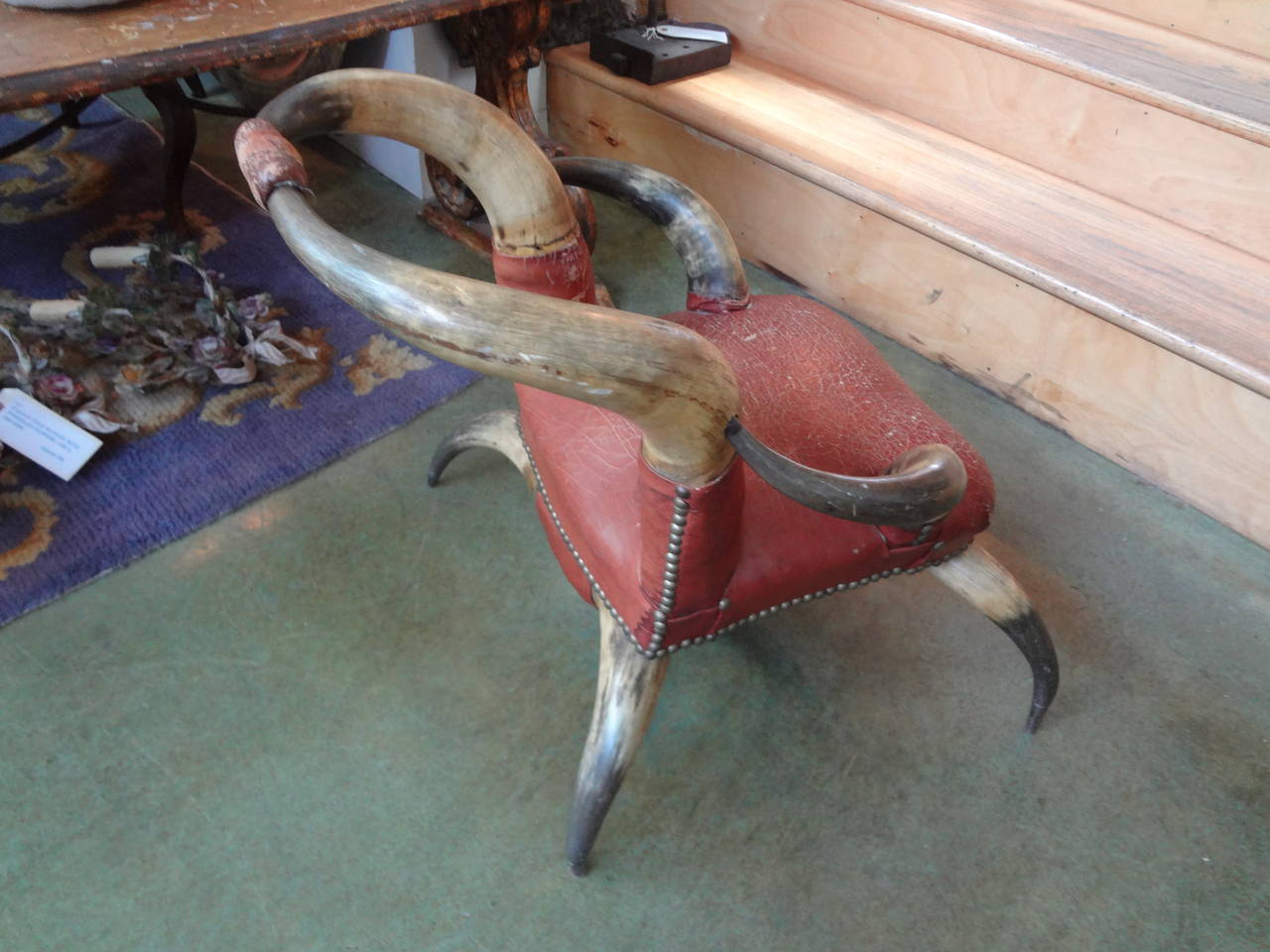 Antique Children's Horn Chair Upholstered in Leather For Sale 1