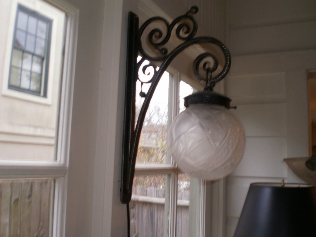 French Art Deco Edgar Brandt Inspired Wrought Iron And Glass Lantern
