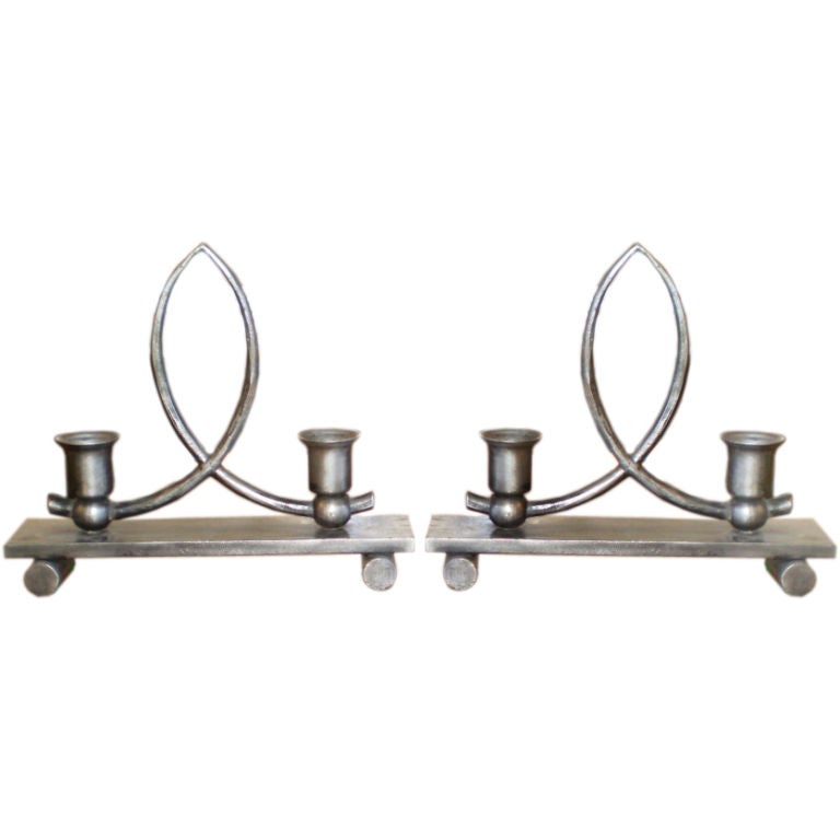 Pair Of French Art Deco Modernist Steel Candle Holders By Piguet, Circa. 1930