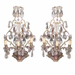 PAIR OF FRENCH BRONZE LYRE-BACK CRYSTAL GIRONDOLES