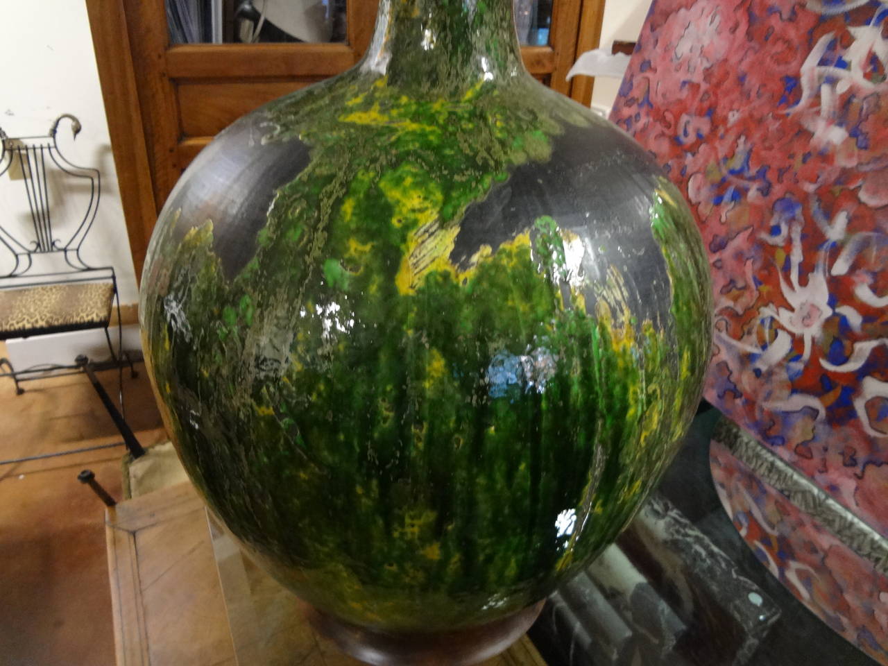 Huge Mid Century Italian Drip Glaze Pottery Lamp In Good Condition In Houston, TX