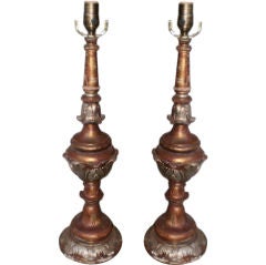 PAIR OF ITALIAN SILVER AND GOLD GILT CARVED WOOD LAMPS
