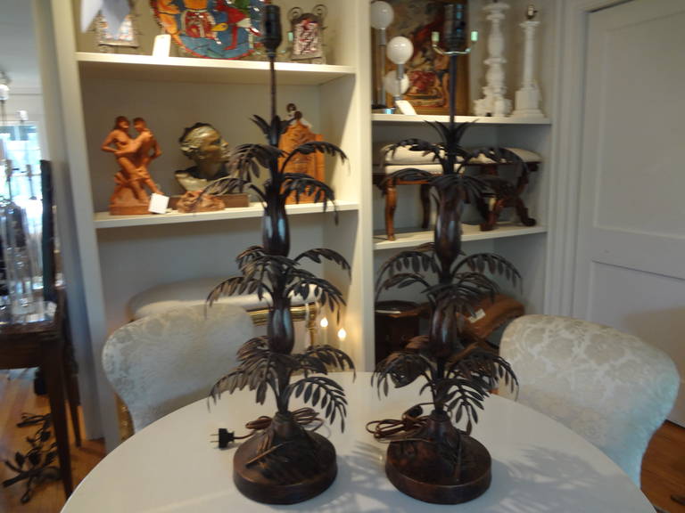 Classic pair of Mid Century Italian tole palm frond table lamps, newly wired for U.S. market.
 

    