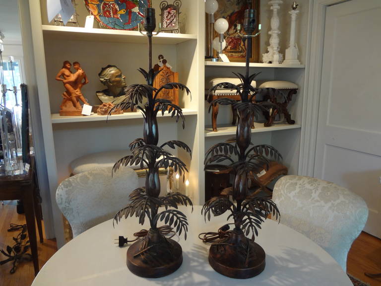 Tall Pair Of Mid Century Italian Tole Palm Tree Table Lamps 3