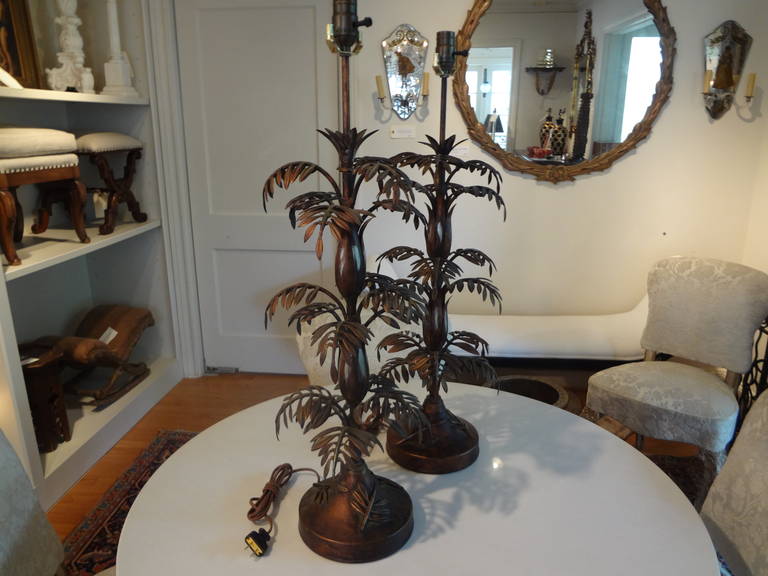 Mid-20th Century Tall Pair Of Mid Century Italian Tole Palm Tree Table Lamps
