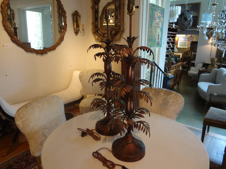 Tall Pair Of Mid Century Italian Tole Palm Tree Table Lamps 1