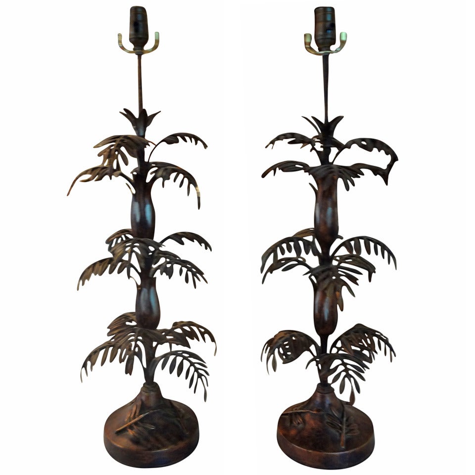 Tall Pair Of Mid Century Italian Tole Palm Tree Table Lamps