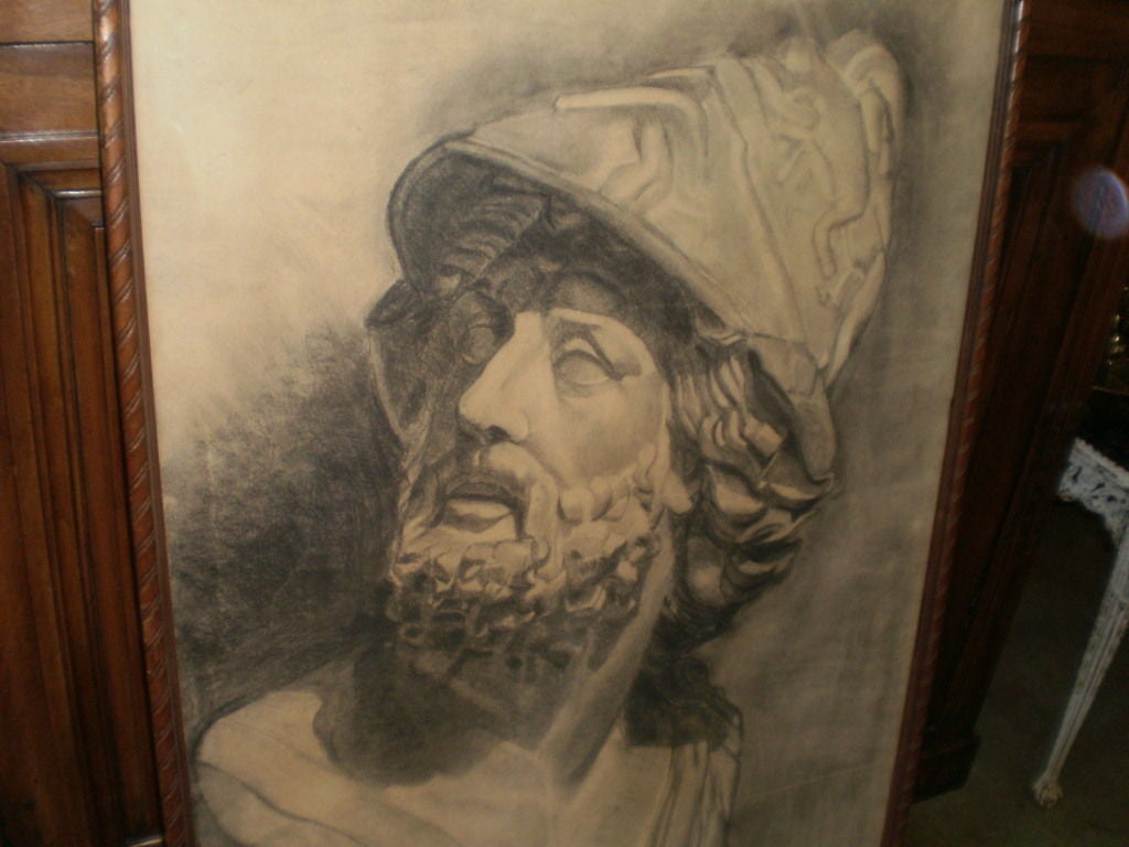 Dramatic Large Scale French Framed Academic Drawing of a Classical Greek Figure