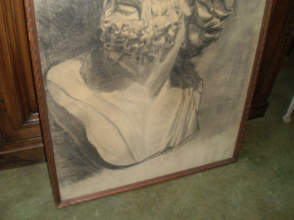 Classical Greek Oversized Framed French Academic Drawing of a Classical Bust