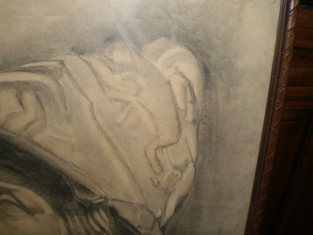 Oversized Framed French Academic Drawing of a Classical Bust In Good Condition In Houston, TX
