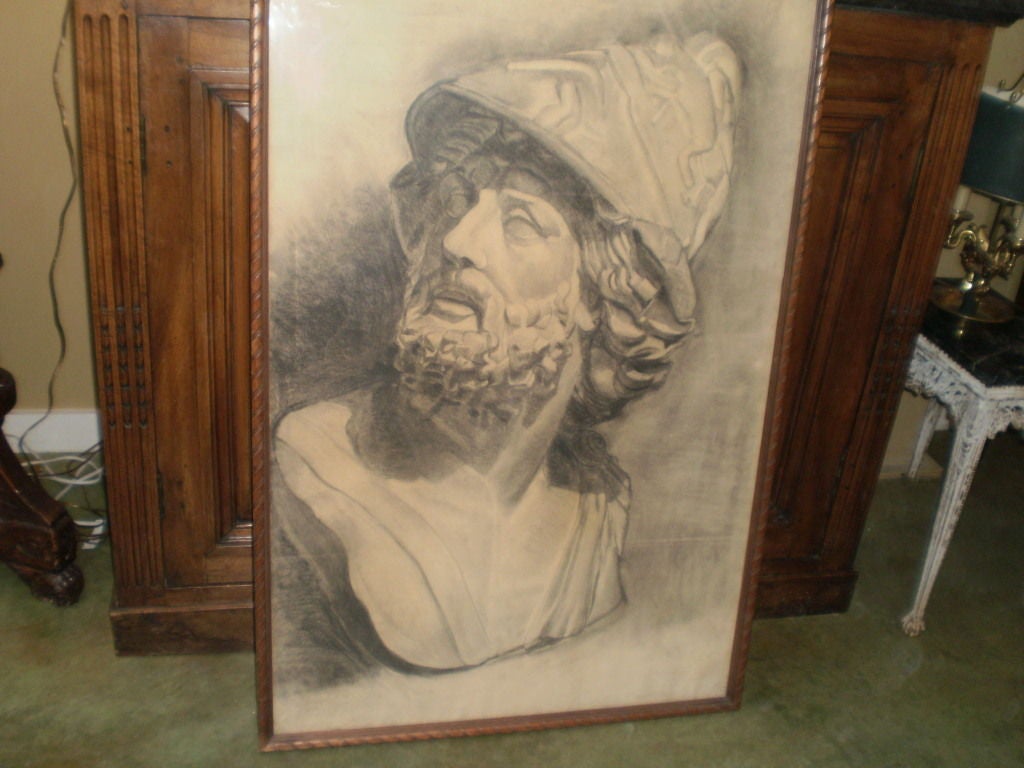 Mid-20th Century Oversized Framed French Academic Drawing of a Classical Bust