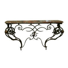 French Art Deco Wrought Iron Console With Marble Top.