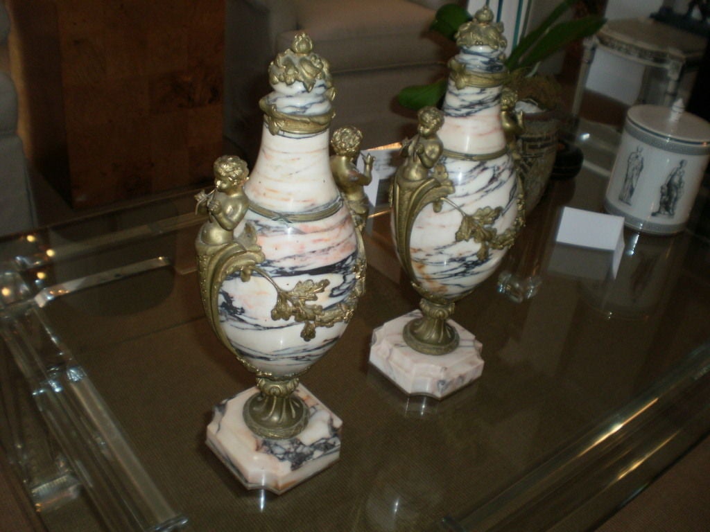 Pair of 19th Century French Louis XV Style Marble and Bronze Urns 3