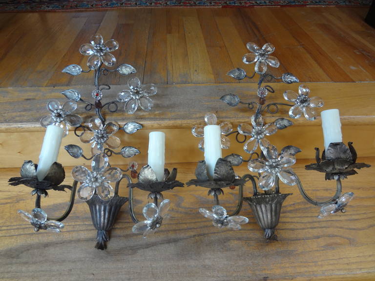 Pair of French Maison Bagues Style Crystal and Tole, Two Light Sconces