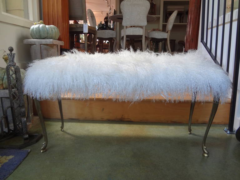 Italian Bronze Bench Newly Upholstered in Mongolian Lambs Wool, 1940s
