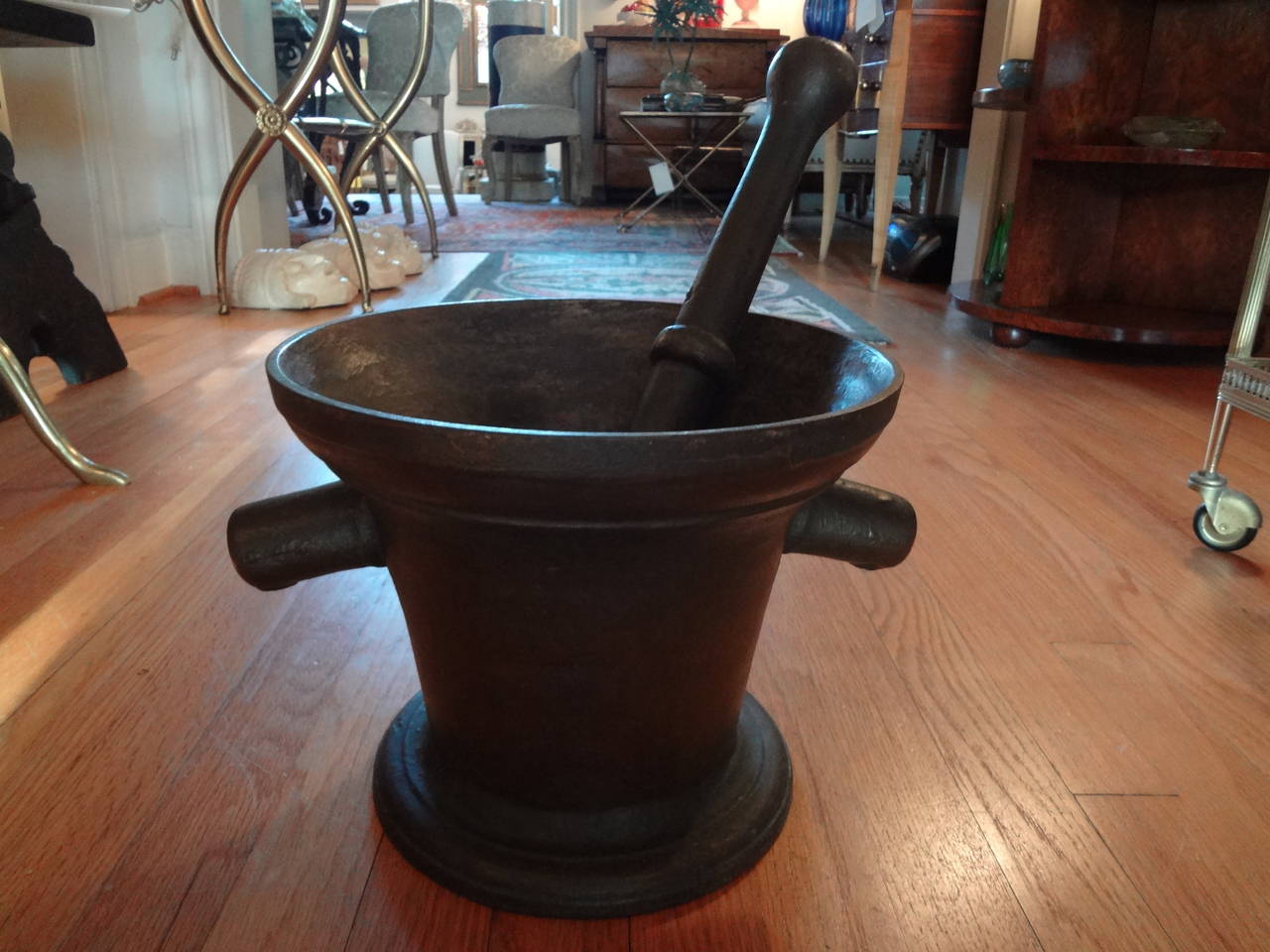 Large Antique French Iron Mortar and Pestle