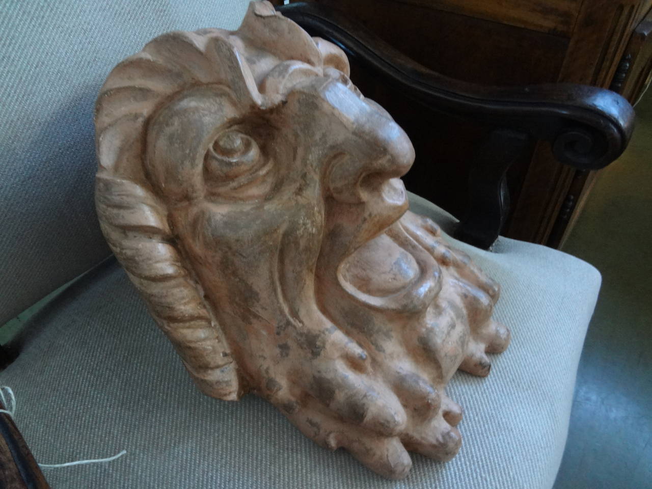 Interesting French patinated terracotta bust, plaque or mask. Can be hung or mounted on base.

  
 