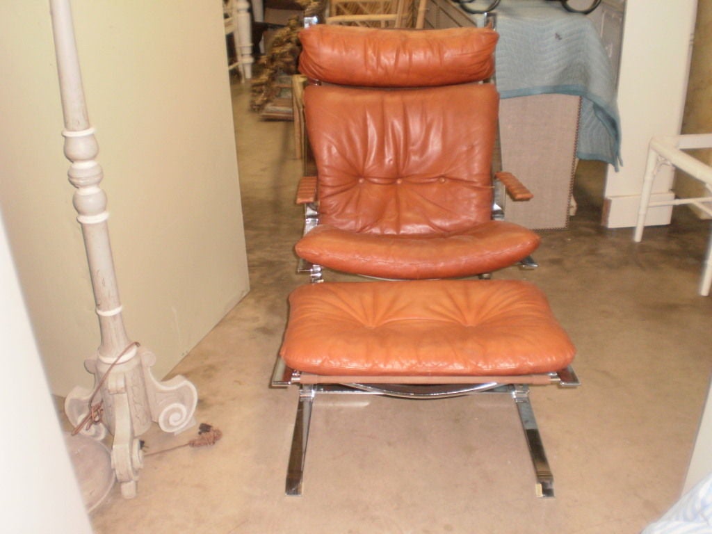 Italian Saporetti Chrome and Leather Chair with Ottoman