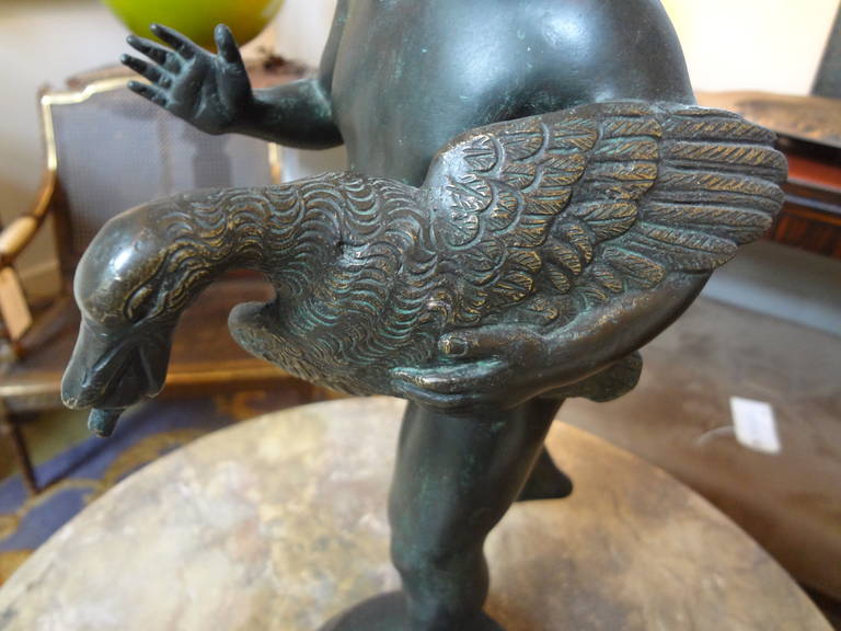Classical Roman Italian Bronze Fountain Of A Winged Cherub Holding A Goose