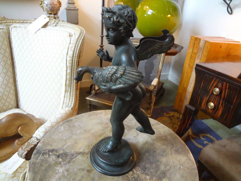 Italian Bronze Fountain Of A Winged Cherub Holding A Goose In Excellent Condition In Houston, TX