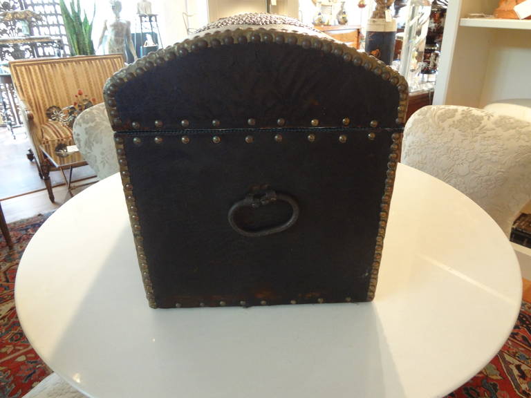 Antique Spanish Leather Coffer With Brass Stud Detail 1