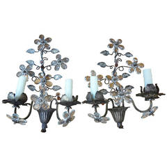 Pair of French Maison Bagues Style Crystal and Tole, Two Light Sconces