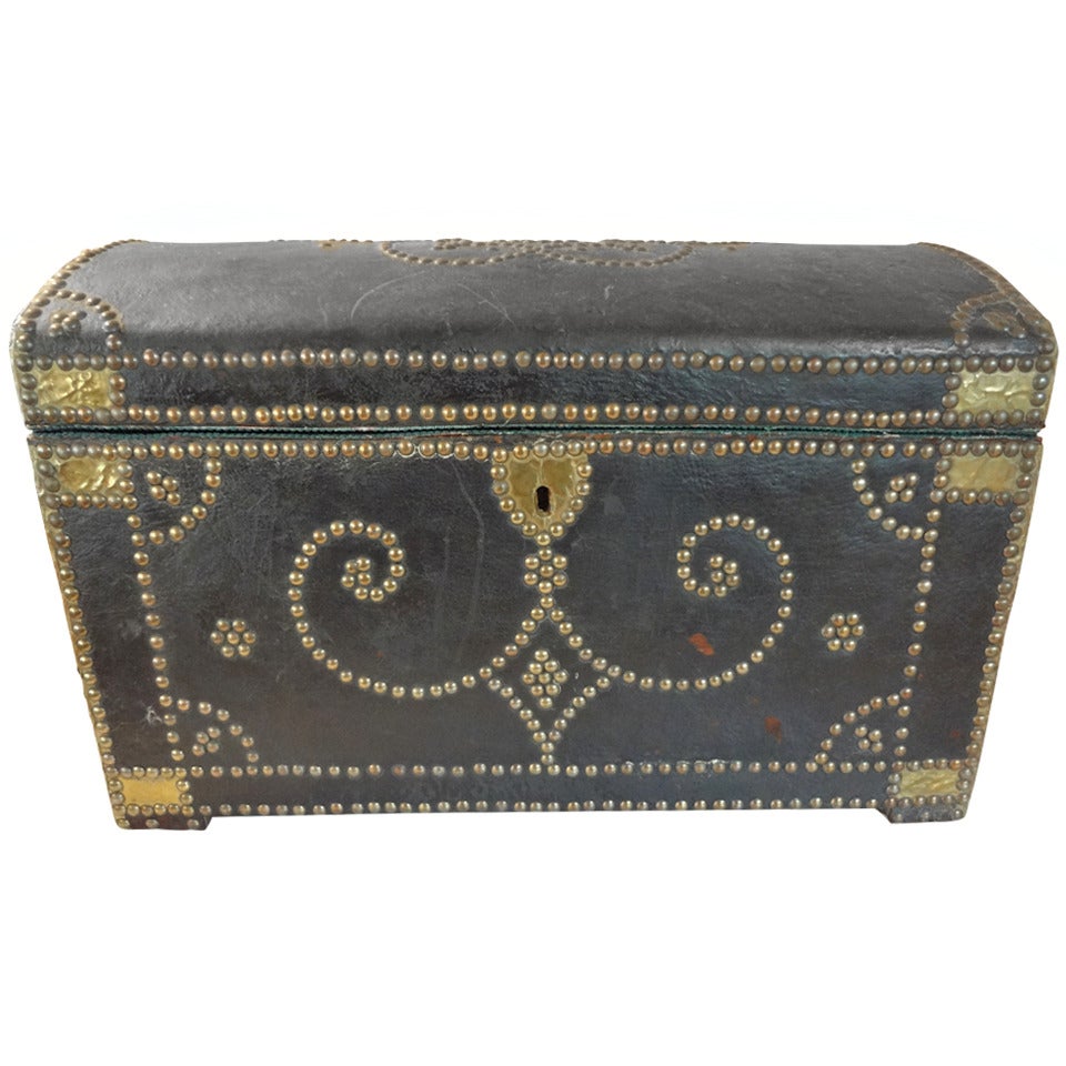 Antique Spanish Leather Coffer With Brass Stud Detail