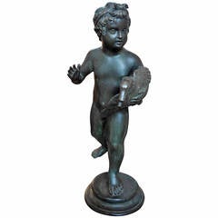 Antique Italian Bronze Fountain Of A Winged Cherub Holding A Goose