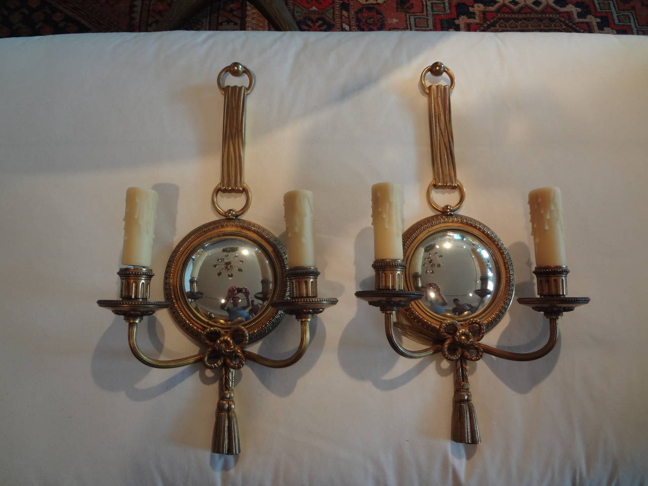 Pair Of French Louis XVI Style Bronze & Mirror Sconces By Petitot, Circa. 1940 3