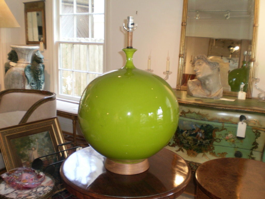 Shapley Mid-Century Modern Lime Green Table Lamp On Wooden Base, Newly Wired