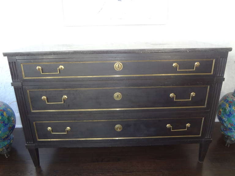 French Louis XVI Ebonized 3 Drawer Commode with Bronze Mounts and Hardware and Original Marble Top/