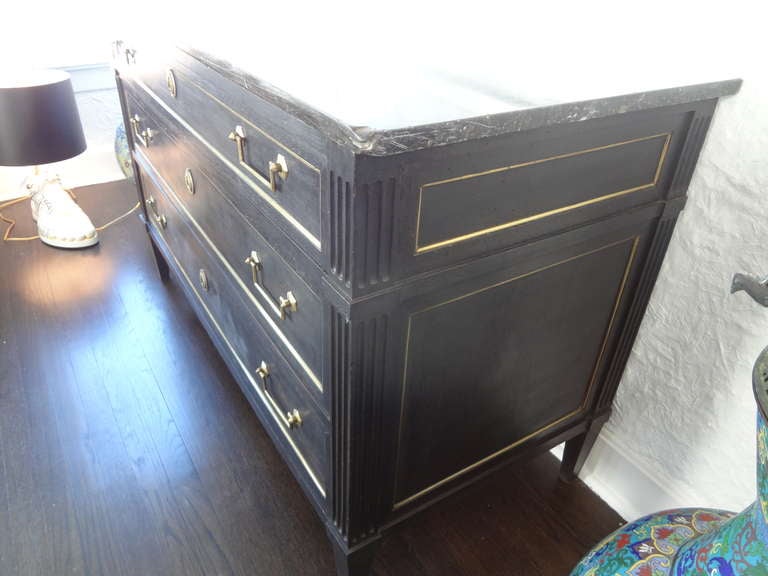 Wood 19th Century French Louis XVI Ebonized 3 Drawer Commode With Marble Top